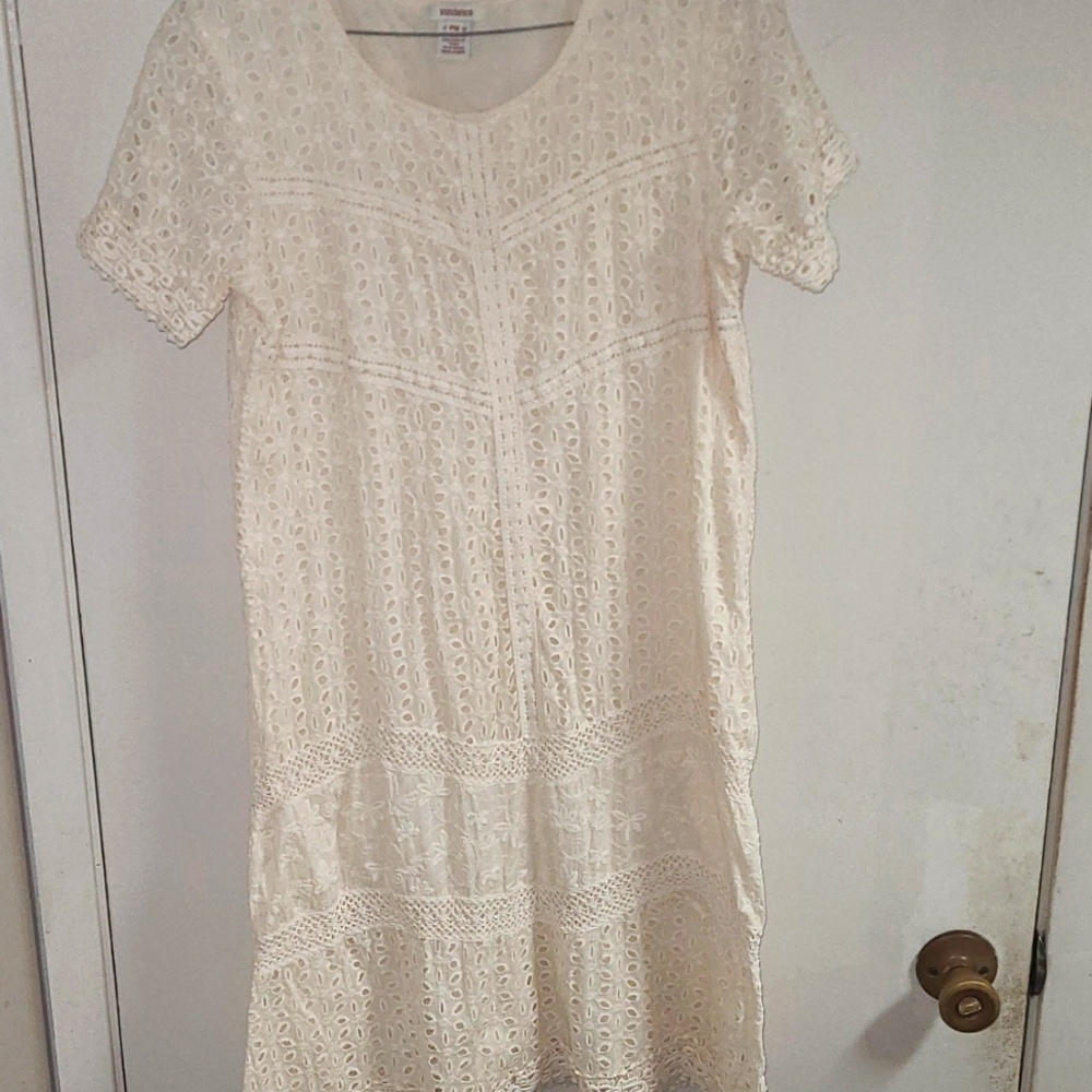 Sundance Eyelet River Cotton Cream Off White Short Sleeve Shift Dress